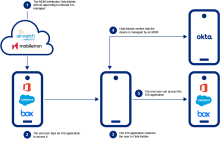 The image illustrates how Okta Device Trust is enforced for Native apps and Safari on MDM-managed iOS devices.