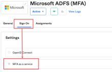 Sign On tab showing that MFA as a service is enabled.
