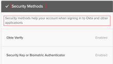 Security Methods on the Settings page of an end-user account
