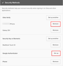 Security Methods section on the Settings page