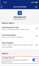 Face ID enabled in Okta Verify