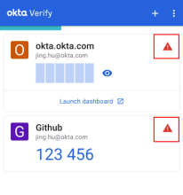 Example of warnings that can appear on the Okta Verify accounts page