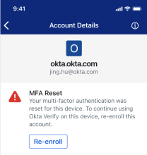 Image of an Okta Verify message that appears when MFA was reset and re-enrollment is required