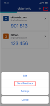 Send Feedback opion in the Okta Verify menu