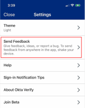 Send Feedback opionon the Okta Verify Settings page