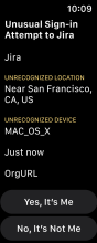 Sign-in details of an unusual sign-in attempt in Okta Verify on Apple Watch.