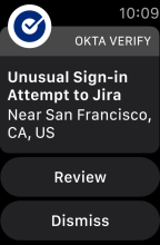 Okta Verify push notification on Apple Watch flags an unusual sign-in attempt.