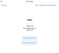 The screenshot shows the Set as default for Okta FastPass link on the Account Details screen for macOS devices.