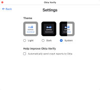 The screenshot shows the Okta Verify settings that are available on macOS devices.