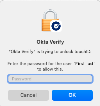 The screenshot shows the Okta Verify settings that are available on macOS devices.