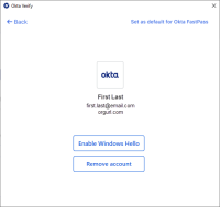 The screenshot shows the Set as default for Okta FastPass link on the Account Details screen for Windows devices.