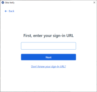 The image shows the First, enter your sign-in URL screen for Windows.