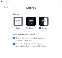 The screenshot shows the Okta Verify settings that are available on Windows devices.