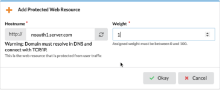 The add protected web resource dialog with a hostname of noauth1.atko.com and weight of 1.