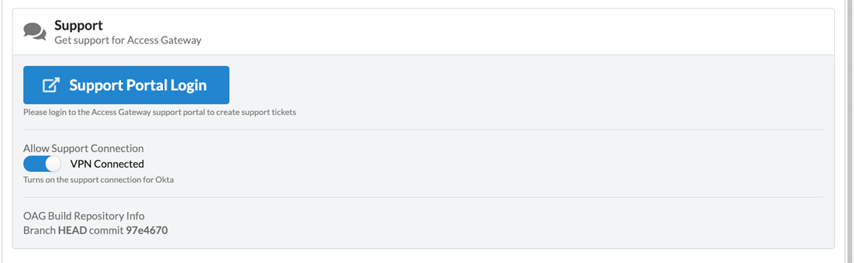 The support tab allows you to enable and disable the support vpn as well as providing a link directly to the support portal for managing support tickets.