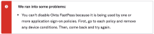The screenshot displays the error that appears when Okta FastPass cannot be disabled.