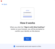 The screenshot shows the includes an Automatically send crash reports to Okta checkbox.